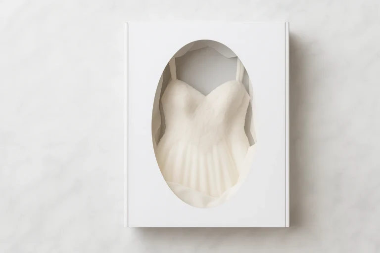 Wedding gown carefully preserved inside a custom white keepsake chest, showcasing luxury bridal preservation services in Sydney