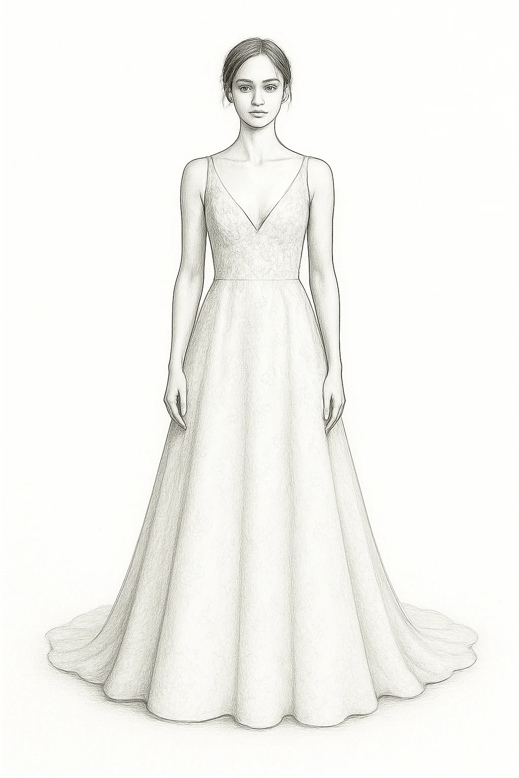 A-line bridal gown drawing – commonly cleaned and preserved through professional wedding dress dry cleaning services