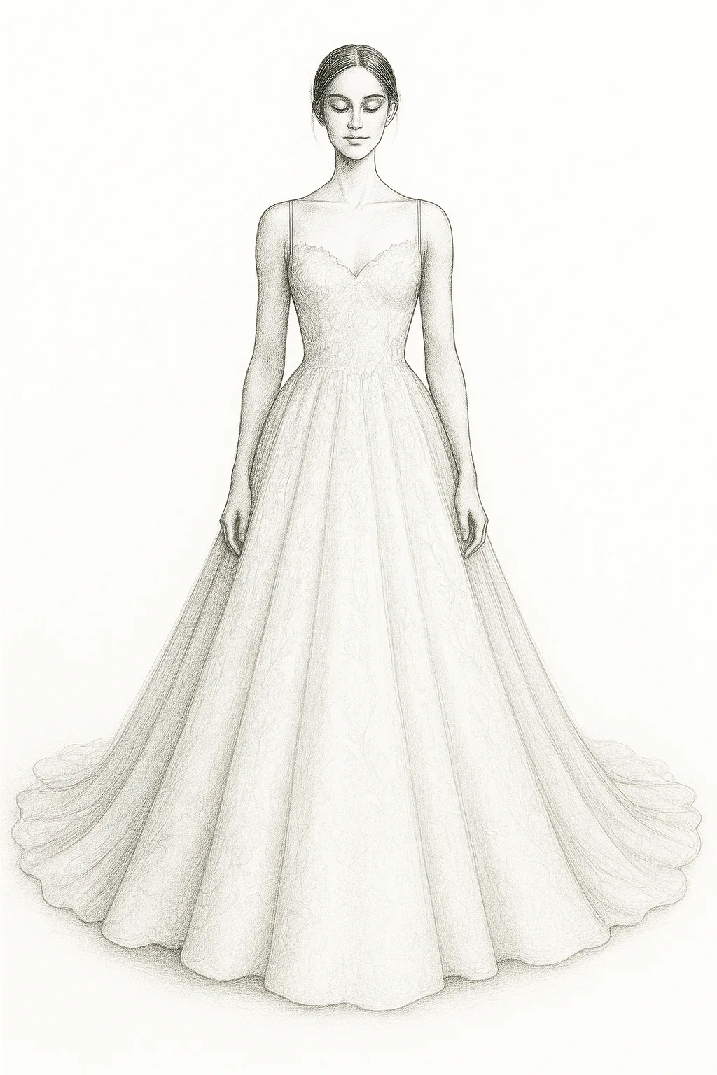 Heavy bridal gown with full skirt and dramatic train