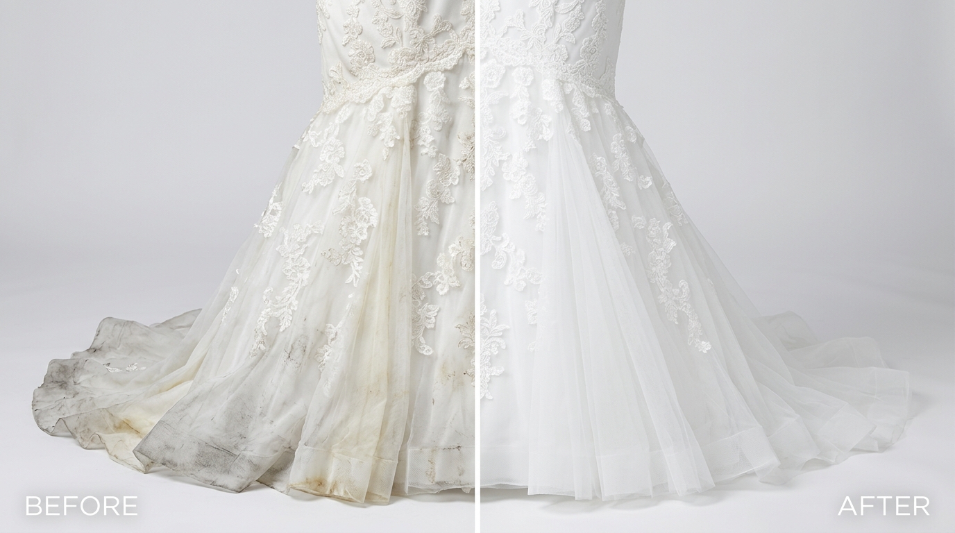 before after mermaid bridal dress cleaning service